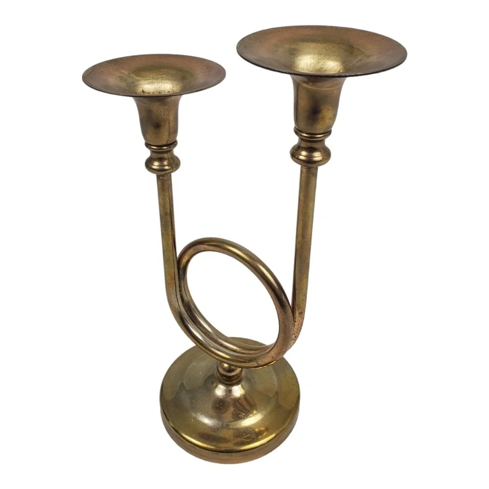 Vintage 2 Arm Trumpet Candle Holder Brass Candelabra Fox Hunting Horn Old Money